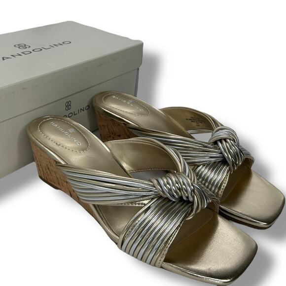 NEW Bandolino Sandals Size 7 Metallic Gold Wedge Slip On Knotted Square Toe Y2K - Picture 2 of 12